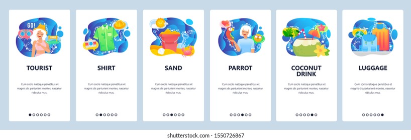 Mobile app onboarding screens. Tropical summer vacation, travel tourist, coconut cocktail, sand beach. Menu vector banner template for website and mobile development. Web site design flat illustration