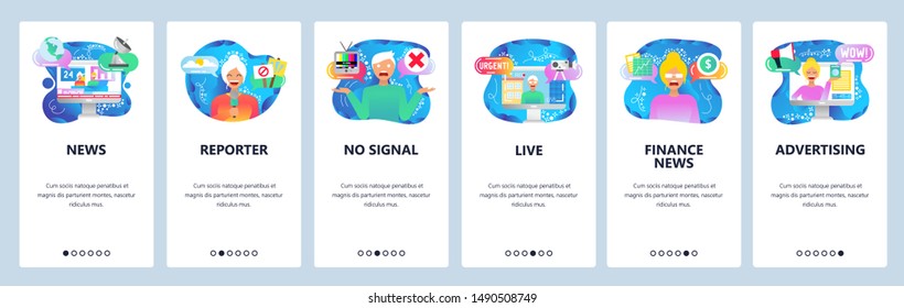 Mobile app onboarding screens. TV industry, breaking news, live stream, female reporter, financial news. Menu vector banner template for website and mobile development. Web site design flat