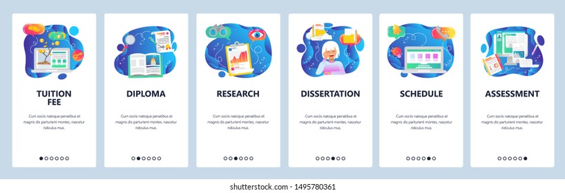 Mobile app onboarding screens. University education, tuition fee, graduation certificate. Menu vector banner template for website and mobile development. Web site design flat illustration.