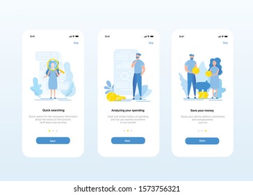 
Mobile app onboarding screens. An user interface kit.
Online banking mobile operator finance application. illustrations with money cashback. Save money, searching, analyzing spending . data analysis