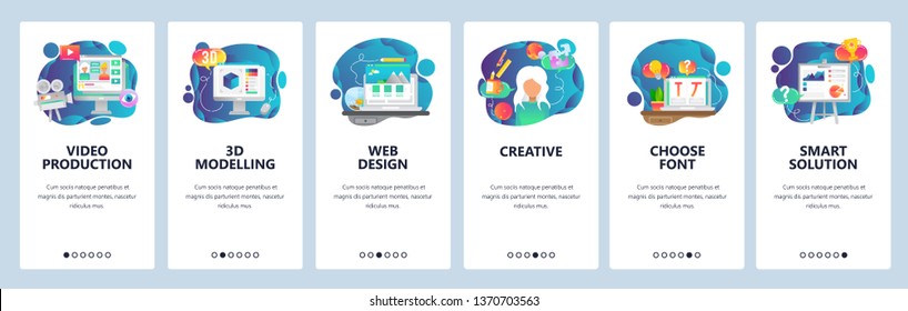 Mobile app onboarding screens. Video production, 3d modelling, creative web design. Menu vector banner template for website and mobile development. Web site design flat illustration.