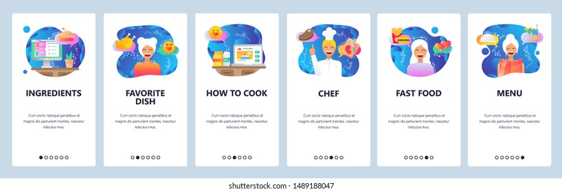 Mobile app onboarding screens. Video recipe, cooking food, restaurant chef, menu. Menu vector banner template for website and mobile development. Web site design flat illustration.
