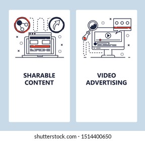 Mobile app onboarding screens. Video advertising, digital marketing and content share. Menu vector banner template for website and mobile development. Web site design flat illustration.