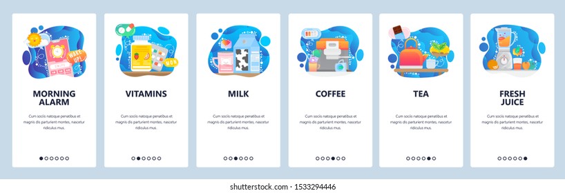 Mobile app onboarding screens. Wake up alarm clock, morning breakfast and drink, hot coffee and tea, milk and fresh juice. Menu vector banner template for website and mobile development. Web site