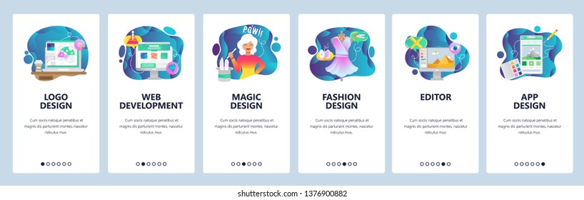 Mobile app onboarding screens. Web development, fashion design, mobile photo editing. Menu vector banner template for website and mobile development. Web site design flat illustration.