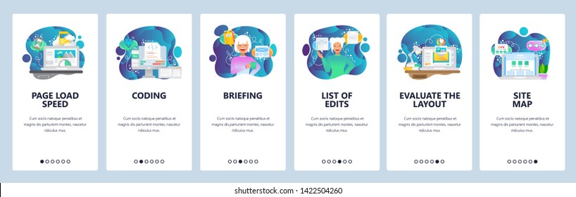 Mobile App Onboarding Screens. Web Page Loading, Coding, Sitemap, Software Development. Menu Vector Banner Template For Website And Mobile Development. Web Site Design Flat Illustration.