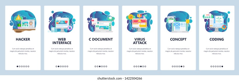 Mobile app onboarding screens. Web and software development. Cyber security, coding, virus attack. Menu vector banner template for website and mobile development. Web site design flat illustration.