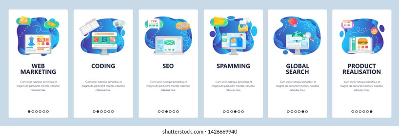 Mobile app onboarding screens. Web amd digital marketing, spamming, SEO and online shopping. Menu vector banner template for website and mobile development. Web site design flat illustration.