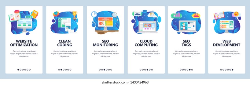 Mobile app onboarding screens. Web and seo optimization, cloud computing, software development. Menu vector banner template for website and mobile development. Web site design flat illustration.