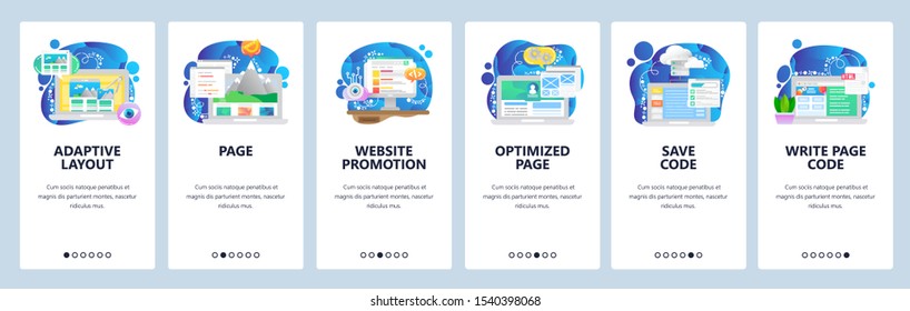 Mobile app onboarding screens. Web software development, adaptive coding, optimization. Menu vector banner template for website and mobile development. Site design flat illustration.
