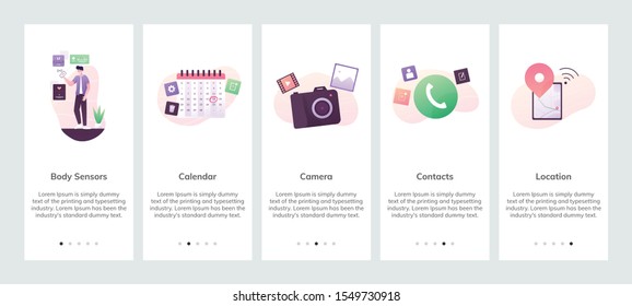 Mobile app onboarding screens. Web site design flat illustration. Menu vector banner template for website and mobile development. Access Body Sensors. Access Calendar. Access Camera. Access Contact.