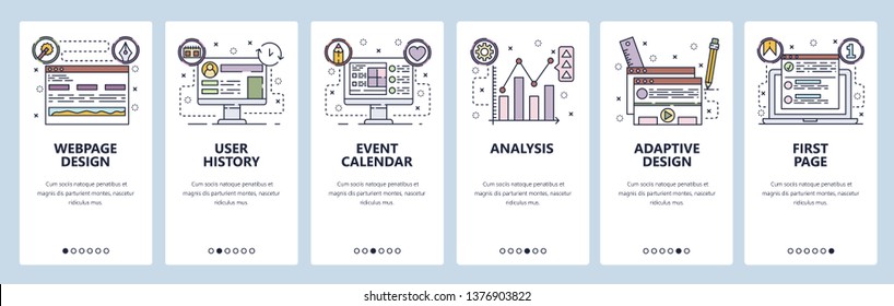 Mobile app onboarding screens. Webpage and landing design, user profile, analysis. Menu vector banner template for website and mobile development. Web site design flat illustration.