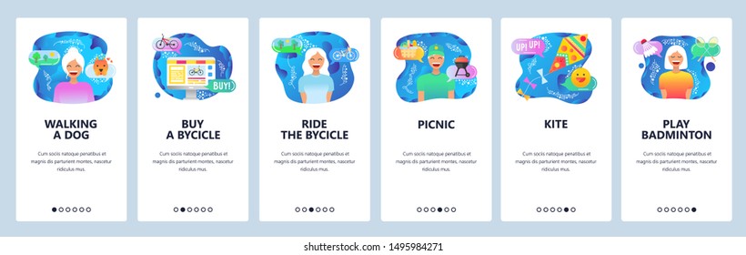 Mobile app onboarding screens. Weekend outdoor activities, leisure time, walking dog in a park, ride bycicle. Menu vector banner template for website and mobile development. Web site design flat