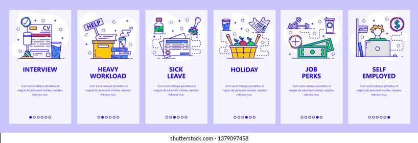 Mobile app onboarding screens. Work in office, sick leave and day off, job interview. Menu vector banner template for website and mobile development. Web site design flat illustration.