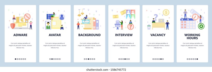 Mobile app onboarding screens. Working hours, calendar, office desk, employee profile, adware. Menu vector banner template for website and mobile development. Web site design flat illustration.