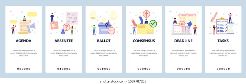 Mobile app onboarding screens. Yes and No hand gesture, ballot, project deadline, to do list. Menu vector banner template for website and mobile development. Web site design flat illustration.