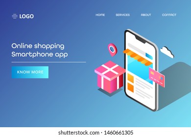 Mobile app for online payment and online shopping, - modern 3D, isometric concept vector banner