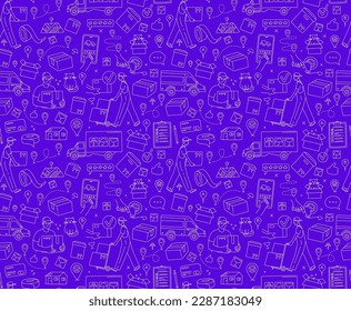 Mobile app Online service for moving. Moving to a new house. Packing in boxes and delivery by car, van, truck. Seamless thin line icons background pattern. Vector illustration in linear simple style. 