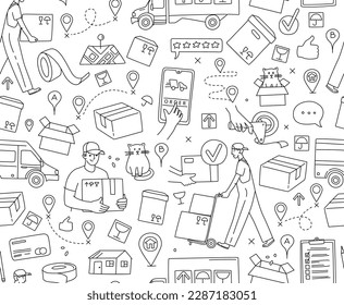 Mobile app Online service for moving. Moving to a new house. Packing in boxes and delivery by car, van, truck. Seamless thin line icons background pattern. Vector illustration in linear simple style. 