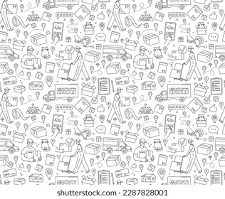 Mobile app Online service for moving. Moving to a new house. Packing in boxes and delivery by car, van, truck. Seamless thin line icons background pattern. Vector illustration in linear simple style. 