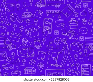 Mobile app Online service for moving. Moving to a new house. Packing in boxes and delivery by car, van, truck. Seamless thin line icons background pattern. Vector illustration in linear simple style. 