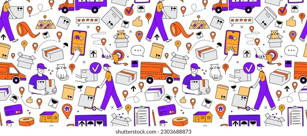 Mobile app Online service for moving. Moving to a new house. Packing in boxes and delivery by car, van, truck. Seamless thin line icons background pattern. Vector illustration in linear simple style. 