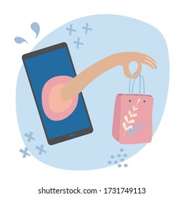 mobile app. Online shopping. Hand with smartphone. service for choosing and ordering. flat vector illustration