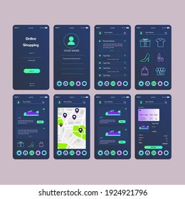 Mobile App Online Shopping UI UX Kit Dark Blue Turquoise  Concept Vector Design