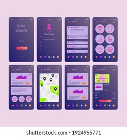 Mobile App Online Shopping UI UX Kit Dark Purple Pink Orange  Concept Vector Design