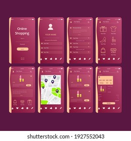 Mobile App Online Shopping UI UX Kit Burgundy Golden Beige Luxury Concept For E-Commerce Vector Design