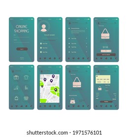 Mobile App Online Shopping UI UX Kit Turquoise Brown Yellow For E-Commerce Concept Vector Design
