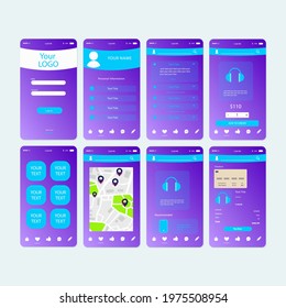 Mobile App Online Shopping UI UX Kit Purple Blue Sky White Colors Technique Headphones Mobile Phone For E-Commerce Concept Vector Design