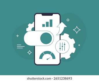 Mobile app optimization concept with AI sliders, analytics dashboard, speed meter and gear icons. Performance analytics, UX automation and AI personalization. Mobile app optimization illustration