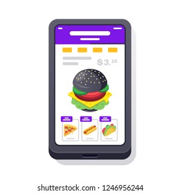 Mobile app order food online website. Fast food delivery service. Concept of the fast food black burger delivery online service.
