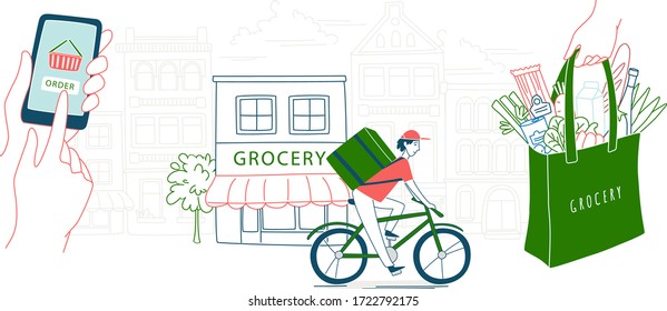 Mobile app to order grocery. Courier delivering goods from the online shop by bike. Bag of food. The background of the urban landscape. Vector illustration doodles, thin line art sketch style concept