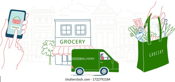 Mobile app to order grocery. Courier delivering goods from the online shop by van. Bag of food. The background of the urban landscape. Vector illustration doodles, thin line art sketch style concept