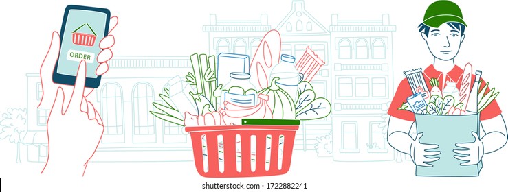 Mobile app to order grocery. Courier delivering goods from the online shop. Basket of food. The background of the city landscape. Vector illustration doodles, thin line art sketch style concept