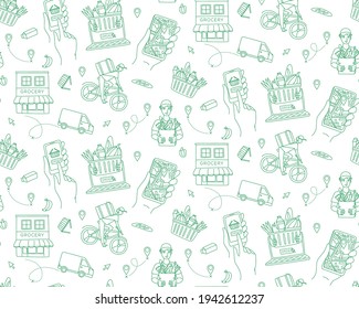 Mobile app to order grocery. Courier delivering goods from the online shop. Basket of food. Seamless pattern. Vector illustration doodles, thin line art sketch style concept