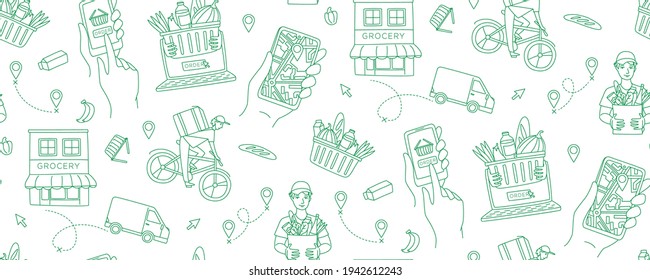 Mobile app to order grocery. Courier delivering goods from the online shop. Basket of food. Seamless pattern. Vector illustration doodles, thin line art sketch style concept
