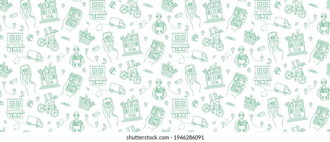 Mobile App To Order Grocery. Courier Delivering Goods From The Online Shop. Basket Of Food. Seamless Pattern. Vector Illustration Doodles, Thin Line Art Sketch Style Concept