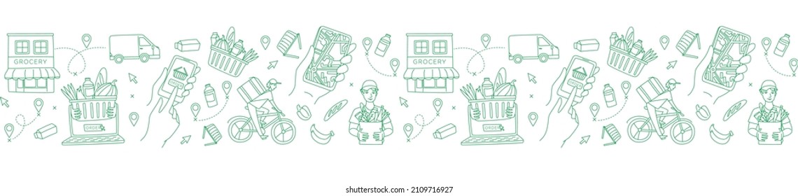 Mobile app to order grocery. Courier delivering goods from the online shop. Basket of food. Seamless frame border pattern. Vector illustration doodles, thin line art sketch style concept