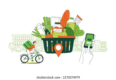 Mobile app to order grocery. Courier delivering goods from the online shop by bike. Bag of food. The background of the urban landscape. Vector illustration doodles, thin line art sketch style concept