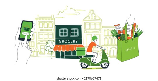 Aplicación móvil para pedir comestibles. Courier entrega productos de una tienda en línea por scooter. Bolsa de comida. El entorno urbano. Cuadros de ilustraciones vectoriales, concepto de dibujo de líneas delgadas