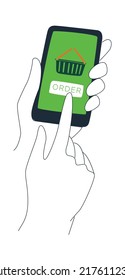 Aplicación móvil para pedir comestibles. Courier entrega productos de una tienda en línea. Manos sosteniendo la cesta de comida. El entorno de la ciudad. Cuadros de ilustraciones vectoriales, concepto de dibujo de líneas delgadas