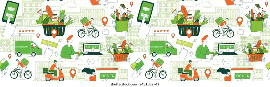 Mobile app to order grocery. Courier delivering goods from the online shop. Basket of food. Seamless pattern. Vector illustration doodles, thin line art sketch style concept