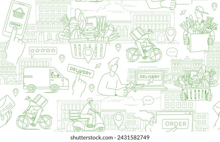 Aplicación móvil para pedir comestibles. Mensajero que entrega mercancías de la tienda en línea. Cesta de comida. Patrón sin costuras. Ilustración vectorial garabatos, concepto de estilo de boceto de arte de línea fina