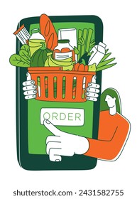 Mobile app to order grocery. Courier delivering goods from online shop. Hands holding Basket of food. Woman making order by phone app. Vector illustration , thin line flat style concept