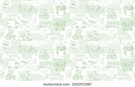 Mobile app to order grocery. Courier delivering goods from the online shop. Basket of food. Seamless pattern. Vector illustration doodles, thin line art sketch style concept