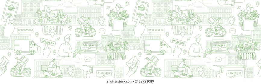 Mobile app to order grocery. Courier delivering goods from the online shop. Basket of food. Seamless pattern. Vector illustration doodles, thin line art sketch style concept