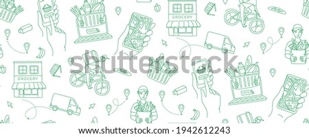 Mobile app to order grocery. Courier delivering goods from the online shop. Basket of food. Seamless pattern. Vector illustration doodles, thin line art sketch style concept